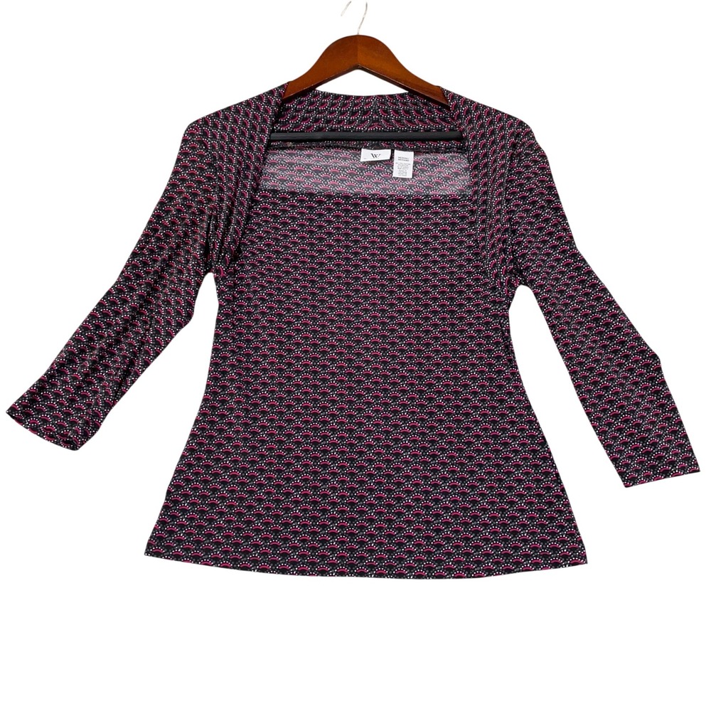 Worthington Women's M Black Pink Stretch Geometric Long Sleeve Top Stretch
